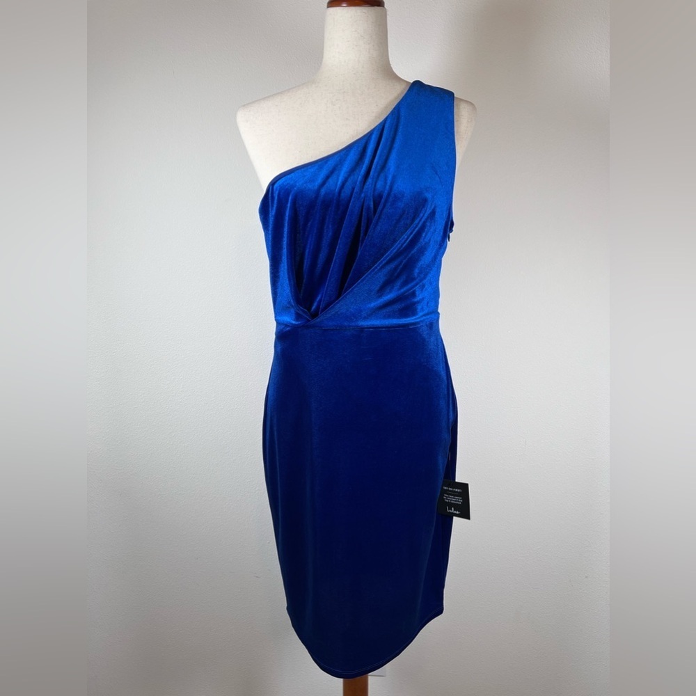 Lulus Velvet Blue Dress Large Short One Shoulder Formal School Dance Cocktail‎